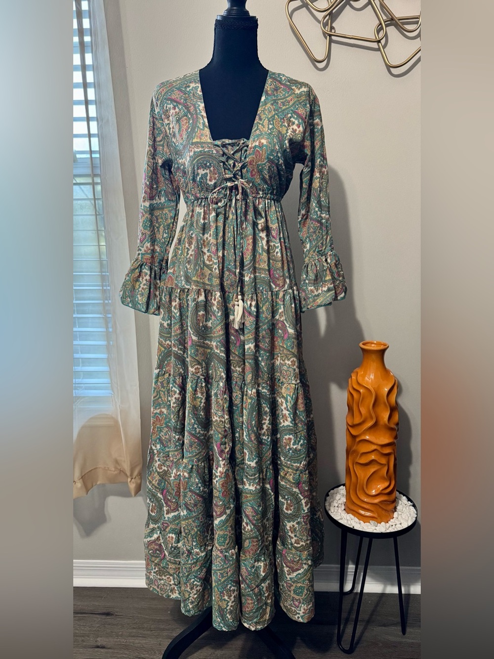 Boemo by Anthropologie Paisley Lace-Up Maxi Dress in Green